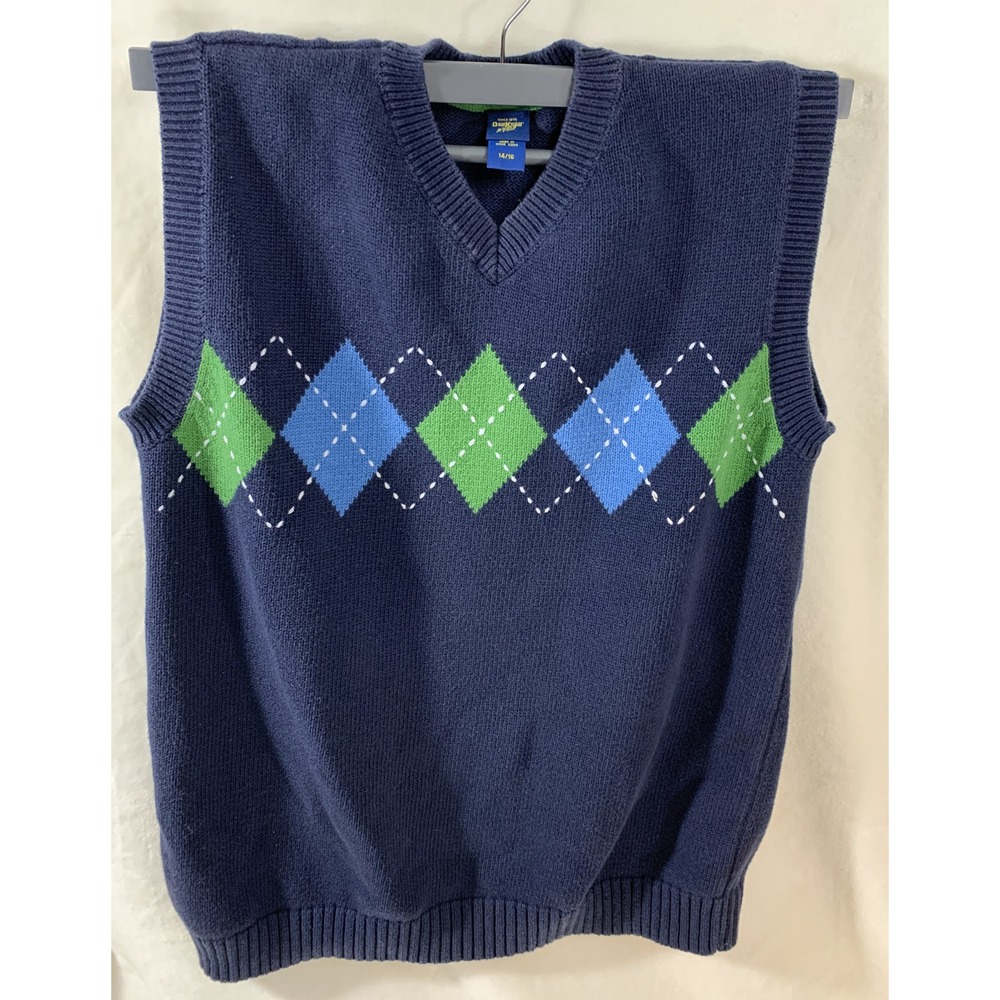 Vintage 80s 90s OshKosh Bgosh Navy Blue Green Argyle Boys Sz 14/16 Sweater Vest